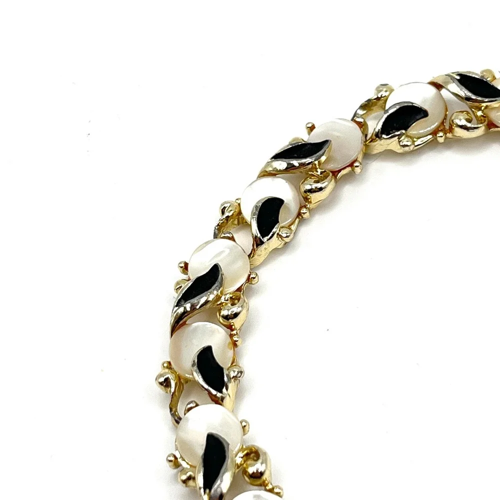 Vintage Black Enamel and Mother of Pearl Shell Inlay MCM Gold Tone Link Bracelet
